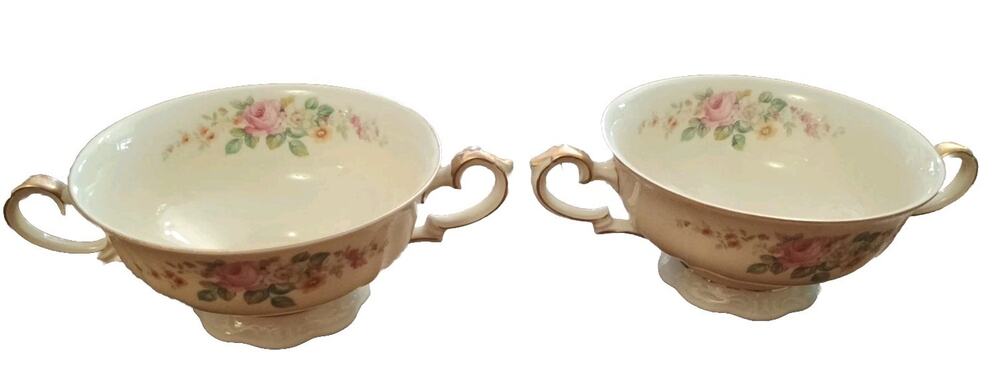 Vtg Lot 2 Eschenbach Lohengrin Porcelain Double Handle Soup Bowls Floral Gold